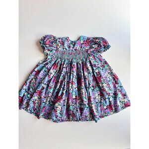 Vintage Girl's Floral Cotton Poplin Smocked Peasant Tent Dress, Size 4-5Y